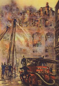 Bombeiros combatendo um incêndio em um grande hotel (lito colorido) de English School