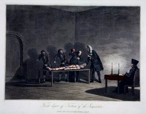 First Degree of Torture of the Inquisition, gravada por L.C. Stadler, pub. por Cadell & Davies, Londres, c.1813 (gravura a cores) de English School