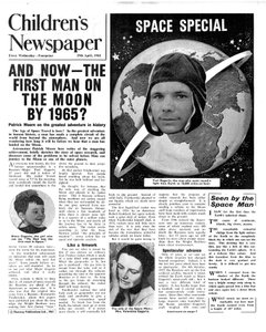 Primeiro homem na lua em 1965, primeira página de &39;The Children&39;s Newspaper&39;, 1961 (papel de jornal)