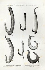 Anzóis de raças pré-históricas e não-civilizadas, de &39;Leisure Hour&39;, 1888 (gravura)