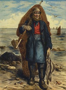 Pescador carregando as suas redes e segurando a sua captura de peixe (gravura colorida) de English School