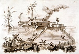 Pesca com Cormorants usando um barco aquático e cercado, ilustração de 