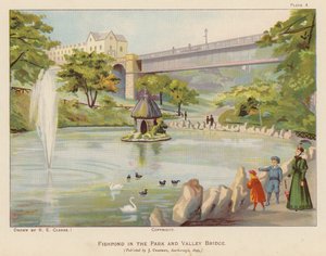 Lago de peixes no parque e Valley Bridge, Scarborough (litografia a cores) de English School