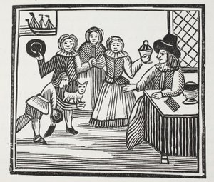 Fitzwarren que recebe seus empregados empreendimentos, ilustração dos Chap-livros do século XVIII por John Ashton, bar. 1882 de English School