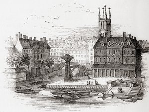 Fleet Ditch, Londres, Inglaterra, em 1749, no ponto em que encontrou o Tamisa em Bridewell, da Velha Inglaterra: Um Museu Pictórico, pub. 1847 de English School