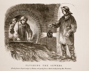 Lavando os esgotos, em parte do daguerreótipo de Richard Beard e em parte de um esboço gentilmente emprestado por Whiting, ilustração do London Labour and London Poor de Henry Mayhew, pub. 1862 (iluminado de English School