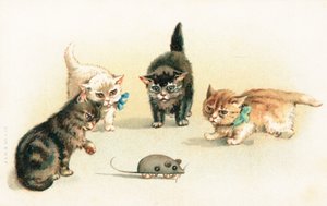 Quatro, gatinhos, tocando, com, um, clockwork, rato de English School