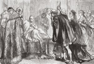 Francis I em seu leito de morte, ilustração da História do Protestantismo por James Aitken Wylie (1808-1890), pub. 1878 de English School