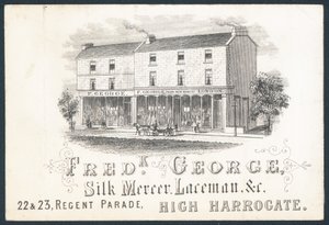 Fred K George, comerciante de seda e rendas, cartão de comércio de English School