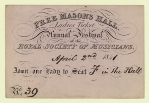Free Masons Hall, Bilhete de Senhoras, Festival Anual, Royal Society of Musicians, 2 de abril de 1841 de English School