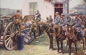 Lancers franceses que chegam em um posto avançado da vila, vindo em ajuda das forças britânicas, 1914-19 de English School