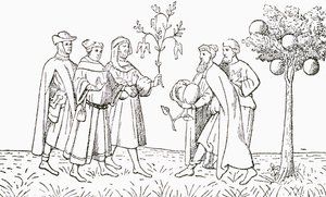 Frei Oderico de Pordenone segurando um ramo de uma árvore na qual os pássaros crescem, sendo mostrado por sua vez pelo rei local, a Árvore do Cordeiro da Tartária, mostrando um cordeiro emergindo, ilustração da The Strand Magaz. de English School