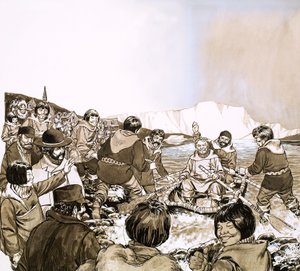 Fridtjof Nansen, o explorador norueguês que navegou para a Gronelândia (gouache no papel) de English School
