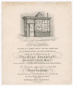 Frente do nº 3, Sweetings Alley, Cornhill, propriedade recente de Samuel Knights, Printeller e Frame Maker de English School