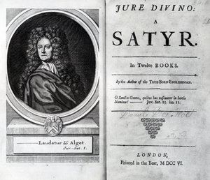 Frontispício e página de título para Jure Divino: A Satyr por Daniel Defoe, publicado 1706 de English School