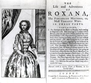 Frontispício e página de título para A vida e aventuras de Roxana por Daniel Defoe, publicado em 1765 de English School