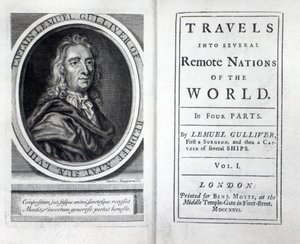 Frontispício e título para Gullivers viaja por Jonathan Swift, 1726 de English School