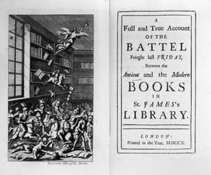Frontispício e título da Batalha dos Livros de Jonathan Swift, publicado em 1710 de English School