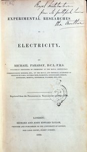 Frontispício para Pesquisas Experimentais em Eletricidade por Michael Faraday (1791-1867) publicado em 1839 de English School