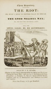 Frontispício de "O motim, ou, Meio pão é melhor do que pão nenhum; O bom miliciano, ou, O homem que vale a pena hospedar; e, O marinheiro leal, ou, sem amotinado", c.1839-44 de English School