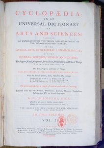 Frontispício da Enciclopédia: Um Dicionário Universal de Artes e Ciências, vol. Eu, de Ephraim Chambers, Londres, 1738 (papel impresso) de English School
