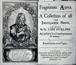 Frontispício da Fragmenta Aurea, uma coleção de todos os Peeces Incomparáveis escrito por Sir John Suckling, publicado em 1646 de English School