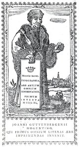 Frontispício de Johannes Gutenberg de A Concise History of the Origin and Progress of Printing por Philip Luckombe, publicado em 1770 de English School