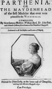 Frontispício de &39;Parthenia&39; ou &39;The Maiden Head&39;, composto por William Byrd (1543-1623) Dr. John Bull (c.1562-1628) e Orlando Gibbons (1583-1625) 1651