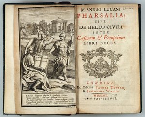 Frontispício para a Pharsalia ou A Guerra Civil entre César e Pompeu por Marcus Annaeus Lucan (39-65 dC), gravado por J. Cole, 1719 de English School