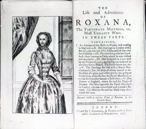 Frontispício para Roxana, The Fortunate Mistress por Daniel Defoe, edição publicada em 1765 (impressão) de English School