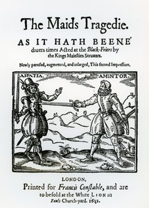 Frontispício de The Maids Tragedy por Sir Francis Beaumont (1584-1616) e John Fletcher (1579-1625) 1622 de English School