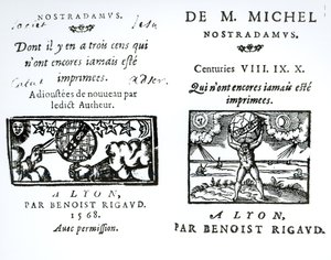 Frontispício das profecias de M. Michel Nostradamus, pub. por Benoist Rigaud, 1568 de English School