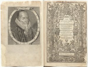 Frontispício para "A Segunda Parte dos Institutos dos Advogados de Inglaterra. Contendo a exposição de muitos estatutos antigos, e outros estatutos, etc.", por Sir Edward Coke de English School