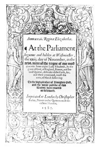 Frontispício de uma conta do Parlamento da Rainha Elizabeth realizada entre 23 de novembro de 1584 e 24 de março de 1585, impresso por Christopher Barker, 1585 de English School