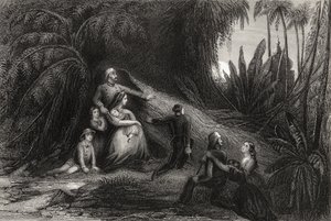 Oficiais fugitivos com suas famílias escondendo-se em púrpura, de "A História do Motim Indiano", publicado em 1858 de English School