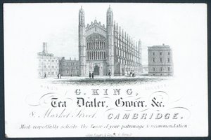 G King, vendedor de chá, merceeiro etc, cartão de comércio de English School
