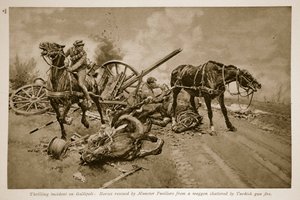 Gallipoli: Cavalos resgatados por Munster Fusiliers de um vagão destroçado pelo fogo armado turco, 1914-19 de English School