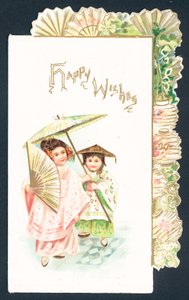 Menina de gueixa e menina chinesa, cartão de Natal de English School