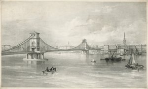 Vista geral de Hungerford e Lambeth Suspension Foot Bridge de English School