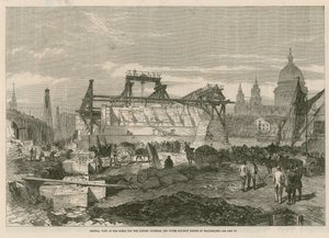 Vista geral das obras da ponte ferroviária de Londres, Chatham e Dover, em Blackfriars de English School