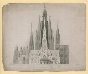 Elevações geométricas das Frentes Ocidentais das Catedrais de St Pauls, Londres (antes do Fogo) ... e a Grande Pirâmide do Egito a uma escala de English School