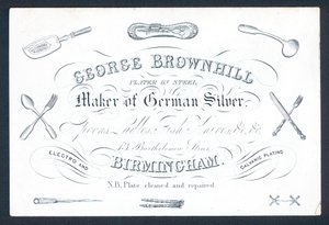George Brownhill, fabricante de prata alemã, cartão comercial de English School