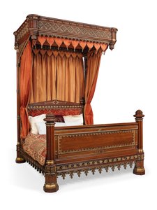 Cama de meio-testador George IV, c.1830 (carvalho e seda dourada) de English School