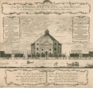 George Whitfields nova capela e casas de esmolas em Tottenham Court Road, Londres, 1764 de English School