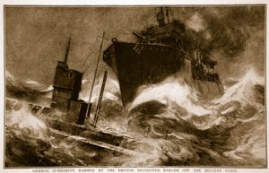 Submarino Alemão Abalado pelo Destruidor Britânico Badger ao largo da Costa Belga, 1914-19 de English School