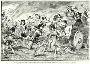 Mulheres alemãs defendendo os seus castelos de vagões (gravura) de English School