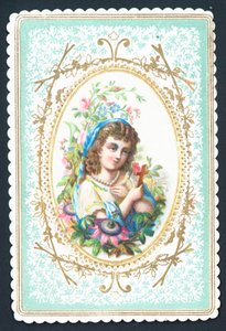 Menina, segurando, madeira, crucifixos, cartão de English School