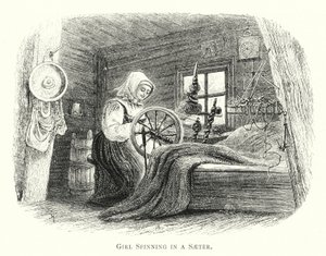Girl Spinning in a Saeter (gravura) de English School