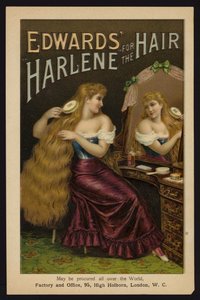 Rapariga escovando o seu cabelo louro comprido; Edwards Harlene para o cabelo (chromolitho) de English School