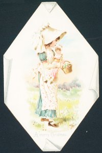 Menina carregando boneca e cesta, cartão de Natal de English School